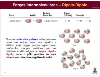 Forças Intermoleculares – Dipolo-Dipolo
                                    Dipolo-
                                                    Prof. Nunes




     Quando moléculas polares estão próximos
     umas das outras, como em líquidos e
     sólidos,
     sólidos suas cargas parciais agem como
     minúsculos campos elétricos que as
     orientam e dão origem a forças dipolo-
                                        dipolo-
     dipolo onde o pólo positivo de uma
     dipolo,
     molécula atrai o pólo negativo da outra.
                                       outra




30
                                                    DQOI - UFC
 
