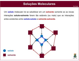 Soluções Moleculares
                                                                         Prof. Nunes




 Um soluto molecular irá se solubilizar em um solvente somente se as novas
 interações soluto-solvente forem tão estáveis (ou mais) que as interações
            soluto-
 antes existentes entre soluto-soluto e solvente-solvente
                        soluto-         solvente-solvente.




     soluto

     solvente
42
                                                                         DQOI - UFC
 