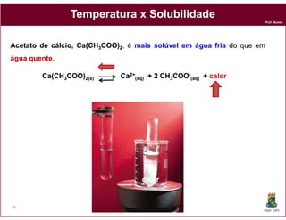 Temperatura x Solubilidade
                                                                    Prof. Nunes




Acetato de cálcio, Ca(CH3COO)2, é mais solúvel em água fria do que em
água quente.
     quente

        Ca(CH3COO)2(s)       Ca2+(aq) + 2 CH3COO-(aq) + calor
                                  aq)             aq)




                                   calor


66
                                                                    DQOI - UFC
 
