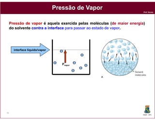 Pressão de Vapor
                                                                         Prof. Nunes




     Pressão de vapor é aquela exercida pelas moléculas (de maior energia)
     do solvente contra a interface para passar ao estado de vapor
                                                             vapor.




       interface líquido/vapor



                                    Pvapor




76
                                                                         DQOI - UFC
 