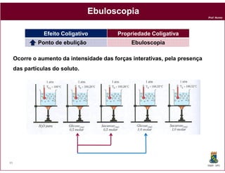 Ebuloscopia
                                                                             Prof. Nunes




                Efeito Coligativo          Propriedade Coligativa
              Ponto de ebulição                 Ebuloscopia

     Ocorre o aumento da intensidade das forças interativas, pela presença
                                                interativas
     das partículas do soluto.




85
                                                                             DQOI - UFC
 