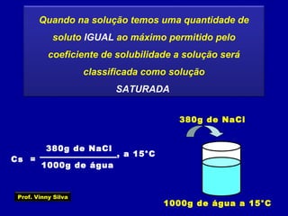 Quando na solução temos uma quantidade de
soluto IGUAL ao máximo permitido pelo
coeficiente de solubilidade a solução será
classificada como solução
SATURADA
Cs =
380g de NaCl
1000g de água
, a 15°C
1000g de água a 15°C
380g de NaCl
Prof. Vinny Silva
 