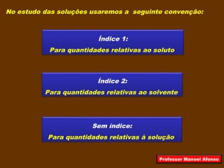 No estudo das soluções usaremos a seguinte convenção:
Índice 1:
Para quantidades relativas ao soluto
Índice 2:
Para quantidades relativas ao solvente
Sem índice:
Para quantidades relativas à solução
Professor Manoel Afonso
 