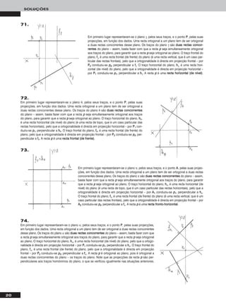 20
SOLUÇÕES
Em primeiro lugar representaram-se o plano γ, pelos seus traços, e o ponto PP, pelas suas
projecções, em função dos dados. Uma recta ortogonal a um plano tem de ser ortogonal
a duas rectas concorrentes desse plano. Os traços do plano γ são dduuaass rreeccttaass ccoonnccoorr--
rreenntteess do plano – assim, basta fazer com que a recta pp seja simultaneamente ortogonal
aos traços do plano, para garantir que a recta pp seja ortogonal ao plano. O traço frontal do
plano, ffγ, é uma recta frontal (de frente) do plano (é uma recta vertical, que é um caso par-
ticular das rectas frontais), pelo que a ortogonalidade é directa em projecção frontal – por
PP22 conduziu-se pp22, perpendicular a ffγ. O traço horizontal do plano, hhγ, é uma recta hori-
zontal (de nível) do plano, pelo que a ortogonalidade é directa em projecção horizontal –
por PP11 conduziu-se pp11, perpendicular a hhγ. A recta pp é uma rreeccttaa hhoorriizzoonnttaall ((ddee nníívveell)).
71.
72.
Em primeiro lugar representaram-se o plano θ, pelos seus traços, e o ponto PP, pelas suas
projecções, em função dos dados. Uma recta ortogonal a um plano tem de ser ortogonal a
duas rectas concorrentes desse plano. Os traços do plano θ são dduuaass rreeccttaass ccoonnccoorrrreenntteess
do plano – assim, basta fazer com que a recta pp seja simultaneamente ortogonal aos traços
do plano, para garantir que a recta pp seja ortogonal ao plano. O traço horizontal do plano, hhθ,
é uma recta horizontal (de nível) do plano (é uma recta de topo, que é um caso particular das
rectas horizontais), pelo que a ortogonalidade é directa em projecção horizontal – por PP11 con-
duziu-se pp11, perpendicular a hhθ. O traço frontal do plano, ffθ, é uma recta frontal (de frente) do
plano, pelo que a ortogonalidade é directa em projecção frontal – por PP22 conduziu-se pp22, per-
pendicular a ffθ. A recta pp é uma rreeccttaa ffrroonnttaall ((ddee ffrreennttee)).
74.
Em primeiro lugar representaram-se o plano α, pelos seus traços, e o ponto PP, pelas suas projecções,
em função dos dados. Uma recta ortogonal a um plano tem de ser ortogonal a duas rectas concorrentes
desse plano. Os traços do plano α são dduuaass rreeccttaass ccoonnccoorrrreenntteess do plano – assim, basta fazer com que
a recta pp seja simultaneamente ortogonal aos traços do plano, para garantir que a recta pp seja ortogonal
ao plano. O traço horizontal do plano, hhα, é uma recta horizontal (de nível) do plano, pelo que a ortogo-
nalidade é directa em projecção horizontal – por PP11 conduziu-se pp11, perpendicular a hhα. O traço frontal do
plano, ffα, é uma recta frontal (de frente) do plano, pelo que a ortogonalidade é directa em projecção
frontal – por PP22 conduziu-se pp22, perpendicular a ffα. A recta pp é ortogonal ao plano, pois é ortogonal a
duas rectas concorrentes do plano – os traços do plano. Note que as projecções da recta pp são per-
pendiculares aos traços homónimos do plano, o que se verificou igualmente nas situações anteriores.
Em primeiro lugar representaram-se o plano π, pelos seus traços, e o ponto AA, pelas suas projec-
ções, em função dos dados. Uma recta ortogonal a um plano tem de ser ortogonal a duas rectas
concorrentes desse plano. Os traços do plano π são dduuaass rreeccttaass ccoonnccoorrrreenntteess do plano – assim,
basta fazer com que a recta pp seja simultaneamente ortogonal aos traços do plano, para garantir
que a recta pp seja ortogonal ao plano. O traço horizontal do plano, hhπ, é uma recta horizontal (de
nível) do plano (é uma recta de topo, que é um caso particular das rectas horizontais), pelo que a
ortogonalidade é directa em projecção horizontal – por AA11 conduziu-se pp11, perpendicular a hhπ.
O traço frontal do plano, ffπ, é uma recta frontal (de frente) do plano (é uma recta vertical, que é um
caso particular das rectas frontais), pelo que a ortogonalidade é directa em projecção frontal – por
AA22 conduziu-se pp22, perpendicular a ffπ. A recta pp é uma rreeccttaa ffrroonnttoo--hhoorriizzoonnttaall.
73.
 