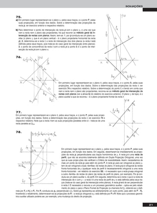 21
SOLUÇÕES
75.
a) Em primeiro lugar representaram-se o plano α, pelos seus traços, e o ponto PP, pelas
suas projecções, em função dos dados. Sobre a determinação das projecções da
recta pp, ver exercício anterior e respectivo relatório.
b) Para determinar o ponto de intersecção da recta pp com o plano α, e uma vez que
nem a recta nem o plano são projectantes, há que recorrer ao mmééttooddoo ggeerraall ddaa iinn--
tteerrsseeccççããoo ddee rreeccttaass ccoomm ppllaannooss. Assim, tem-se: 11.. por pp conduziu-se um plano au-
xiliar (o plano γ, que é um plano vertical – é o plano projectante horizontal da recta
pp); 22.. determinou-se a recta ii, a recta de intersecção dos dois planos (a recta ii está
definida pelos seus traços, pois trata-se do caso geral da intersecção entre planos);
33.. o ponto de concorrência da recta ii com a recta pp (o ponto II) é o ponto de inter-
secção da recta pp com o plano α.
Em primeiro lugar representaram-se o plano θ, pelos seus traços, e o ponto AA, pelas suas
projecções, em função dos dados. Sobre a determinação das projecções da recta rr, ver
exercício 7744 e respectivo relatório. Sobre a determinação do ponto II, e tendo em conta que
nem a recta nem o plano são projectantes, recorreu-se ao mmééttooddoo ggeerraall ddaa iinntteerrsseeccççããoo ddee
rreeccttaass ccoomm ppllaannooss (ver a alínea bb)) do relatório do exercício anterior). O plano γ, de topo, é o
plano auxiliar a que se recorreu – é o plano projectante frontal da recta rr.
Em primeiro lugar representaram-se o plano ρ, pelos seus traços, e o ponto PP, pelas suas
projecções, em função dos dados. Em seguida, desenharam-se imediatamente as projec-
ções da recta pp, perpendiculares aos traços homónimos de ρ. A recta pp é uma rreeccttaa ddee
ppeerrffiill, que não se encontra totalmente definida em Dupla Projecção Ortogonal, uma vez
que as suas projec-ções não verificam o Critério de reversibilidade. Assim, necessitamos de
mais um ponto da recta pp, para além do ponto PP. A recta pp, para ser ortogonal ao plano ρ,
tem de ser ortogonal a duas «famílias» de rectas do plano. A recta pp já é ortogonal às rectas
fronto-horizontais de ρ (qualquer recta de perfil é necessariamente ortogonal a uma recta
fronto-horizontal – ver relatório do exercício 5599) – é necessário que a recta pp seja ortogonal
a outra «família» de rectas do plano (às rectas de perfil do plano, por exemplo). Por pp con-
duziu-se um plano auxiliar π, de perfil. Em seguida, determinou-se a recta ii, que é a recta de
intersecção de π com ρ – a recta ii é uma recta de perfil de ρ e está definida pelos seus tra-
ços (trata-se do caso geral da intersecção entre planos). A recta pp terá de ser perpendicular
à recta ii. É necessário o recurso a um processo geométrico auxiliar – optou-se pelo rebati-
mento do plano π para o Plano Frontal de Projecção (a charneira foi ffπ), obtendo-se iirr (defi-
nida por FFrr e HHrr) e PPrr. Por PPrr conduziu-se pprr, perpendicular a iirr. Sobre pprr representou-se arbitrariamente um outro ponto, para além de PP – RRrr.
Invertendo o rebatimento, determinaram-se as projecções de RR – a recta pp, ortogonal a ρ, está definida por PP e RR. Note que o processo geomé-
trico auxiliar utilizado poderia ser, por exemplo, uma mudança do diedro de projecção.
77.
Em primeiro lugar representaram-se o plano δ, pelos seus traços, e o ponto PP, pelas suas projec-
ções, em função dos dados. Sobre a determinação das projecções da recta rr, ver exercício 7744 e
respectivo relatório. Note que a recta rr tem as suas projecções paralelas entre si – trata-se de uma
recta paralela ao β2/4.
76.
78.
 