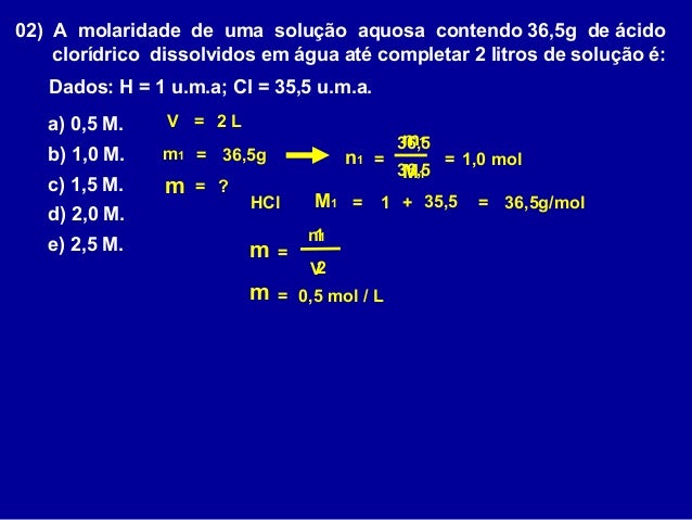 Uma solucao aquosa 2 0 molar de acido cloridrico apresenta