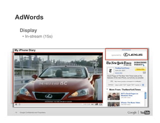AdWords
Display!
• In-stream (15s)"

14

Google Confidential and Proprietary

 