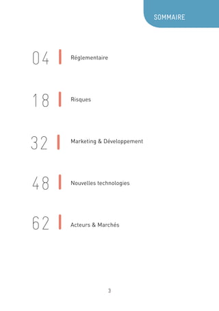 SOMMAIRE

Réglementaire
Risques
Marketing  Développement
Nouvelles technologies
Acteurs  Marchés
04
18
32
48
62
3
 