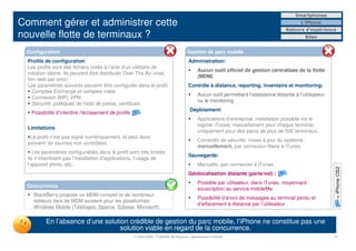 Smartphones

Comment gérer et administrer cette                                                                                                              L’iPhone
                                                                                                                                         Retours d’expérience
nouvelle flotte de terminaux ?                                                                                                                     Bilan


 Configuration                                                                           Gestion de parc mobile
  Profils de configuration                                                                Administration:
  Les profils sont des fichiers créés à l’aide d’un utilitaire de
                                                                                                Aucun outil officiel de gestion centralisée de la flotte
  création idoine. Ils peuvent être distribués Over The Air (mail,
                                                                                                (MDM)
  lien web par sms)
  Les paramètres suivants peuvent être configurés dans le profil:                         Contrôle à distance, reporting, inventaire et monitoring:
     Comptes Exchange et comptes mails
                                                                                                Aucun outil permettant l’assistance distante à l’utilisateur
     Connexion WiFi, VPN
                                                                                                ou le monitoring
     Sécurité: politiques de mots de passe, certificats
                                                                                           Déploiement:
   Possibilité d’interdire l’écrasement de profils
                                                                                                Applications d’entreprise: installation possible via le
                                                                                                logiciel iTunes, manuellement pour chaque terminal,
  Limitations
                                                                                                uniquement pour des parcs de plus de 500 terminaux.
   Le profil n’est pas signé numériquement, et peut donc
                                                                                                Correctifs de sécurité, mises à jour du système:
  provenir de sources non contrôlées
                                                                                                manuellement, par connexion filaire à iTunes
     Les paramètres configurables dans le profil sont très limités:
                                                                                          Sauvegarde:
  ils n’interdisent pas l’installation d’applications, l’usage de
  l’appareil photo, etc..                                                                       Manuelle, par connexion à iTunes




                                                                                                                                                               = iPhone OS3
                                                                                          Géolocalisation distante (perte/vol) :
                                                                                                Possible par utilisateur, dans iTunes, moyennant
 Concurrence
                                                                                                souscription au service mobileMe.
    BlackBerry propose un MDM complet et de nombreux
                                                                                                Possibilité d’envoi de messages au terminal perdu et
    éditeurs tiers de MDM existent pour les plateformes
                                                                                                d’effacement à distance par l’utilisateur
    Windows Mobile (Télélogos, Sparus, Sybase, Microsoft)

          En l’absence d’une solution crédible de gestion du parc mobile, l’iPhone ne constitue pas une
                                   solution viable en regard de la concurrence.
                                                     7 juillet 2009 - Propriété de Solucom, reproduction interdite                                             11
 