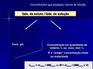 Qde. de soluto / Qde. de solução Conc. g/L Concentração em quantidade de  matéria / L ou  conc. mol / L É a “antiga” concentração molar ou molaridade Concentrações  que   envolvem  volume de solução n soluto  =  m soluto  /  MM soluto      M  =  m soluto  / ( MM soluto  x  V ) 