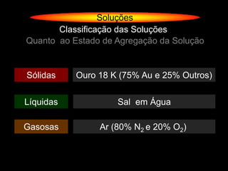 Soluções
       Classificação das Soluções
Quanto ao Estado de Agregação da Solução


Sólidas    Ouro 18 K (75% Au e 25% Outros)


Líquidas            Sal em Água

Gasosas         Ar (80% N2 e 20% O2)
 