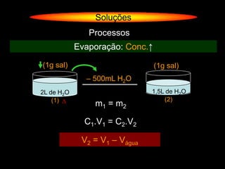 Soluções
               Processos
            Evaporação: Conc.↑

(1g sal)                         (1g sal)
              – 500mL H2O
2L de H2O                      1,5L de H2O
    (1) ∆                          (2)
                m1 = m2

              C1.V1 = C2.V2

             V2 = V1 – Vágua
 