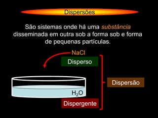 Dispersões

    São sistemas onde há uma substância
disseminada em outra sob a forma sob e forma
           de pequenas partículas.
                   NaCl
                  Disperso


                                 Dispersão
                   H2O
                 Dispergente
 