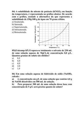 04) A solubilidade do nitrato de potássio (KNO3), em função
da temperatura, é representada no gráfico abaixo: De acordo
com o gráfico, assinale a alternativa do que representa a
solubilidade de 150g/100 g de água em 70 graus célsius.
a) Insaturada.
b) Saturada.
c) Supersaturada.
d) Intrasaturada.
e) Betasaturada.
05)(Unicamp-SP) Evapora-se totalmente o solvente de 250 mL
de uma solução aquosa de MgCl2 de concentração 8,0 g/L.
Quantos gramas de soluto são obtidos?
a) 8,0
b) 6,0
c) 4,0
d) 2,0
e) 1,0
06) Em uma solução aquosa de hidróxido de sódio (NaOH),
calcule:
a) A concentração em g/L de uma solução que contém 4,0 g
de NaOH dissolvidos em 500 mL de solução.
b) Para preparar 300 mL de uma solução dessa base com
concentração de 5 g/L será preciso quanto de soluto?
 