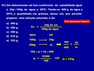 01) Um determinado sal tem coeficiente de solubilidade igual 
a 34g / 100g de água, a 20ºC. Tendo-se 450 g de água a 
20ºC, a quantidade, em gramas, desse sal, que permite 
preparar uma solução saturada, é de: 
a) 484 g. 
34g de sal 
b) 450 g. 
Cs = 
100g de água 
c) 340 g. 
d) 216 g. 
água sal 
e) 153 g. 
100g 34g 
450g m 
Prof. Agamenon Roberto 
100 34 
= 
450 m 
100 x m = 34 x 450 
100 
m = 
15300 
m = 153g 
 