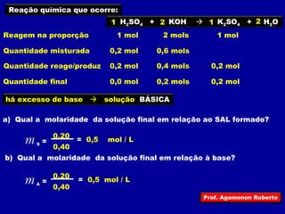 Reação química que ocorre: 
1 H2SO4 + 2 KOH  1 K2SO4 + 2 H2O 
Reagem na proporção 1 mol 2 mols 1 mol 
Quantidade misturada 0,2 mol 0,6 mols 
Quantidade reage/produz 0,2 mol 0,4 mols 0,2 mol 
Quantidade final 0,0 mol 0,2 mols 0,2 mol 
há excesso de base  solução BÁSICA 
a) Qual a molaridade da solução final em relação ao SAL formado? 
0,20 
0,40 
m = 0,5 mol / L S = 
b) Qual a molaridade da solução final em relação à base? 
0,20 
0,40 
m = 0,5 mol / L A = 
Prof. Agamenon Roberto 
 