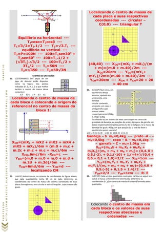 PROFESSORFABRÍCIO
HTTP://IAMMEATCAT.BLOGSPOT.COMMATEMABRICIO1607@HOTMAIL.COM
Equilíbrio na horizontal ---
T1cosα=T2cosβ ---
T1√3/2=T2.1/2 --- T2=√3.T1 ---
equilíbrio na vertical ---
T3=P=100N --- 100=T1sen30o
+
T2sen60o
--- 100=T1.1/2 +
(√3T1).√3/2 --- 100=T1/2 +
3T1/2 --- T1=50N ---
T2=√350 --- T2=50√3N
CENTRO DE GRAVIDADE
01. (CESGRANRIO) Seis peças de um
jogo de dominó estão dispostas
como na figura. Dos pontos
indicados (F, G, H, I, J) o que melhor
localiza o centro de massa desse
conjunto é:
a) F b) G c) H d) I e) J
Localizando o centro de massa de
cada bloco e colocando a origem do
referencial no centro de massa do
bloco 1:
XCM=(mX1 + mX2 + mX3 + mX4 +
mX5 + mX6)/6m = (m.0 + m.c +
m.2c + m.c + m.c + m.c)/6m ---
XCM=6mc/6m -XCM=c ---
YCM=(m.0 + m.0 + m.0 + m.d +
m.2d + m.3d)/6m ---
YCM=6md/6m --- YCM=d ---
localizando CM
02. UnB-DF) Admitindo-se, no sistema de coordenadas da figura abaixo,
que cada quadradinho tenha 10 cm de lado, determine as
coordenadas do centro de massa do sistema constituído de duas
placas homogêneas, uma circular e outra triangular, cujas massas são
iguais.
Localizando o centro de massa de
cada placa e suas respectivas
coordenadas --- circular –
C(0,0) --- triangular T
(40,40) --- XCG=(mXC + mXT)/(m
+ m)=(m.0 + m.40)/2m ---
XCG=20cm --- YCG=(mYC+
mYT)/2m=(m.40 + m.40)/2m ---
YCM=20cm --- XCM + YCM=20 + 20
= 40 cm
03. (CESESP) Num circo, um
equilibrista deseja
levantar, apoiada em
uma vareta, uma
bandeja
circular contendo
um prato, um copo e
uma garrafa cujas
massas valem
respectivamente 0,50kg,
0,10kg e 1,0kg.
Escolhendo-se um sistema de eixos com origem no centro de
gravidade da bandeja, as posições do prato, do copo e da garrafa são
dadas respectivamente pelos pontos A, B e C da figura. Se a massa da
bandeja for igual a 400g, em que posição (x, y) sob ela deve o
equilibrista apoiar a vareta?
a) (-1, 0) b) (1, 0) c) (0, 1) d) (2, 1) e) (1, 1)
bandeja – b mb=0,4kg --- prato -A - –
mA=0,5kg --- copo – B – mB=0,1kg --
- garrafa – C – mC=1,0kg ---
XCG=(mb.Xb + mA.XA + mBXB +
mCXC)/(mb + mA + mB + mC)= (0,4..0 +
0,5.(-2). + 0,1.(-10) + 1.(+4+)/(0,4 +
0,5 + 0,1 + 1,0)=2/2 --- XCG=1cm ---
YCG=(mb.Yb + mA.YA + mBYB +
mCYC)/(mb + mA + mB + mC)=(0,4.0 +
0,5.(-5) + 0,1.5 + 1.4)/2 ---
YCM=2/2 --- YCM=1cm --- R- E
04. (UFC-CE) Cada um dos quadrados mostrados na figura a seguir tem
lado b e massa uniformemente distribuída. Determine as
coordenadas (x , y) do centro de massa do sistema formado pelos
quadrados.
Colocando o centro de massa em
cada bloco e os valores de suas
respectivas abscissas e
ordenadas ---
 