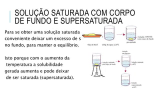 SOLUÇÃO SATURADA COM CORPO
DE FUNDO E SUPERSATURADA
Para se obter uma solução saturada é
conveniente deixar um excesso de soluto
no fundo, para manter o equilíbrio.
Isto porque com o aumento da
temperatura a solubilidade
gerada aumenta e pode deixar
de ser saturada (supersaturada).
 