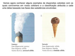 Vamos agora conhecer alguns exemplos de dispersões coloidais com os
quais convivemos em nosso cotidiano e a classificação atribuída a cada
uma delas baseada nas fases das substâncias envolvidas:
 