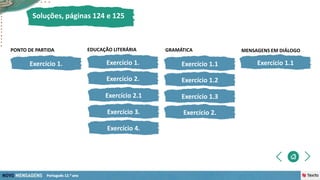 Exercício 1.
PONTO DE PARTIDA
Soluções, páginas 124 e 125
Exercício 2.1
Exercício 3.
Exercício 4.
Exercício 1.
Exercício 2.
EDUCAÇÃO LITERÁRIA
Exercício 1.1
GRAMÁTICA
Exercício 1.2
Exercício 1.3
Exercício 1.1
MENSAGENS EM DIÁLOGO
Exercício 2.
 