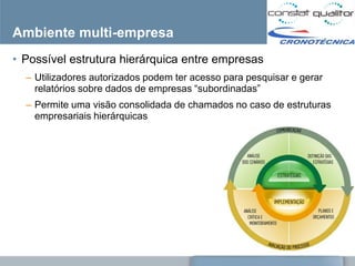 Ambiente multi-empresa
• Possível estrutura hierárquica entre empresas
  – Utilizadores autorizados podem ter acesso para pesquisar e gerar
    relatórios sobre dados de empresas ―subordinadas‖
  – Permite uma visão consolidada de chamados no caso de estruturas
    empresariais hierárquicas
 