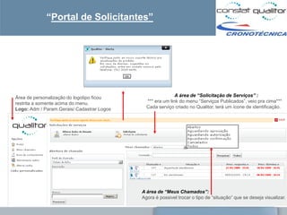 “Portal de Solicitantes”




Área de personalização do logotipo ficou                    A área de “Solicitação de Serviços” :
restrita a somente acima do menu.             *** era um link do menu ―Serviços Publicados‖, veio pra cima***
Logo: Adm / Param.Gerais/ Cadastrar Logos     Cada serviço criado no Qualitor, terá um ícone de identificação.




                                            A área de “Meus Chamados”:
                                            Agora é possivel trocar o tipo de ―situação‖ que se deseja visualizar.
 
