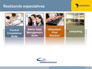 Realizando expectativas




    Control    Altiris Total   Ubiquitech
               Management        Print      Ncomputing
  Compliance
     Suite         Suite        Solution
 