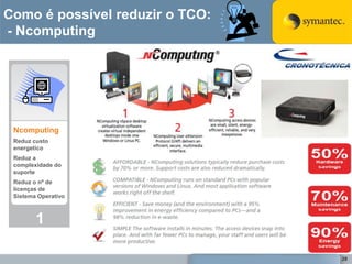 Como é possível reduzir o TCO:
- Ncomputing




 Ncomputing
 Reduz custo
 energetico
 Reduz a
 complexidade do
 suporte
 Reduz o nº de
 licenças de
 Sistema Operativo



        1            2   3

                                 28
 