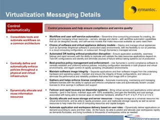 Virtualization Messaging Details
    Control
                                    Control processes and help ensure compliance and service quality
    automatically
    Consolidate tools and          Workflow and user self-service automation – Streamline time-consuming processes for creating, de-
                                     ploying and managing virtual resources – servers, storage and clients – with workflow automation capabilities
     automate workflows on           that can be designed visually, and self-service models that make resources available as users need them
     a common architecture
                                    Choice of software and virtual appliance delivery models – Deploy and manage virtual appliances
                                     such as Symantec Brightmail software in production-class environments, with the flexibility to run on premise,
                                     in a cloud computing configuration, or outsourced through Symantec‘s managed services
                                    Automated DR testing without production disruption – Ensure application availability, seamless
                                     failover and rapid recovery with the ability to replicate and validate the data resources applications depend on.
                                     Test DR configurations and identify and eliminate sources of failure without taking systems out of production

    Centrally define and           Best-practice policy management and enforcement – Use Symantec‘s control compliance software to
                                     centrally establish and uniformly enforce policies, including configuration standards in both physical and virtual
     automatically enforce           environments, and regain control of rapidly sprawling virtualization environments
     policies throughout a
                                    Maintain software image integrity – Separate applications and their software images from the underlying
     physical and virtual            hardware and operating system, maintain and ensure the integrity of those configurations, and reduce or
     infrastructure                  eliminate the performance and reliability problems that arise from image drift or corruption
                                    Gathers and helps enforce license compliance – Automate inventorying, maintaining and managing
                                     software licenses with the ability to capture and enforce compliance rules and automatically reclaim unused
                                     licenses to drive savings in software and support

    Dynamically allocate and       Failover and rapid recovery on dissimilar systems – Bring virtual servers and applications online almost
                                     instantly – [and in the future, maintain apps with 100% availability,] and gain the flexibility and cost savings
     reuse information               associated with being able to recover apps on dissimilar hardware, whether P to P, V to P, P to V or V to V
     resources
                                    Quickly allocate and reuse storage and server resources – Integrate storage as a universal resource into
                                     virtual environments, and be able to rapidly provision, pool, and reallocate storage capacity as well as server
                                     resources to help make the most of computing resources and capital budgets
                                    Automate application and workspace delivery based on user roles – Dynamically deliver applications on-
                                     demand according to users and their roles. [In the future, be able to predict and allocate user workspaces rapidly
                                     as demands fluctuates, and bring hundreds or thousands of workspaces online as needed]
 
