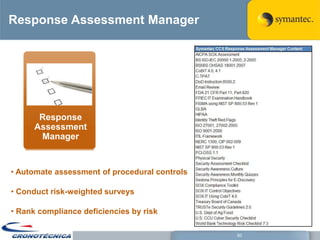 Response Assessment Manager




       Response
      Assessment
       Manager


• Automate assessment of procedural controls

• Conduct risk-weighted surveys

• Rank compliance deficiencies by risk

                                               50
 
