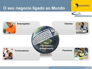 O seu negocio ligado ao Mundo


       Empregados:                   Clientes:




                         Your
                     Information-
                     driven world
     Fornecedores:                  Parceiros:
 