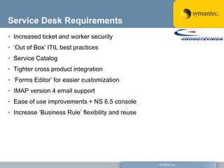 Service Desk Requirements
• Increased ticket and worker security
• ‗Out of Box‘ ITIL best practices
• Service Catalog
• Tighter cross product integration
• ‗Forms Editor‘ for easier customization
• IMAP version 4 email support
• Ease of use improvements + NS 6.5 console
• Increase ‗Business Rule‘ flexibility and reuse




                                                   © Altiris Inc.
 