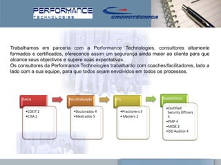 Trabalhamos em parceria com a Performance Technologies, consultores altamente
formados e certificados, oferecendo assim um segurança ainda maior ao cliente para que
alcance seus objectivos e supere suas expectativas.
Os consultores da Performance Technologies trabalharão com coaches/facilitadores, lado a
lado com a sua equipe, para que todos sejam envolvidos em todos os processos.
 