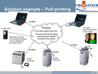 Solution example – Pull printing

                                      printjob

                                                                                  printjob
ID with code                                            Pull print                                 The users
                                                                                                   Identify themselves
                                                The users select pull print.                       at any printer
                                                The document are printed,
          Optionally the users                    when the user identify
          can identify themselves                 himself at any printer
          on the mobilephone
          and select printer
                                                                                        printjob
                                                                                                      ID with
                                                                                                      card/code
                                      printjob
                                                                     printjob


                                    ID with                           ID with
                                    card/code                         card/code
 