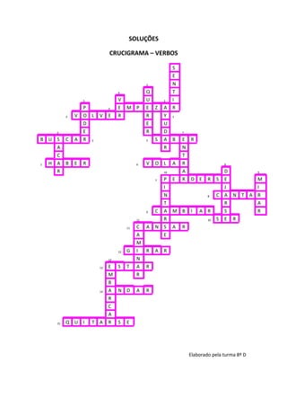 SOLUÇÕES

                            CRUCIGRAMA – VERBOS

                                                             S
                                                             E
                                                3            N
                                 4              Q            T
                 5               V              U       2    I
                 P          4    E    M P       E Z     A    R
         3   V   O L   V    E    R              R       Y 1
                 D                              E       U
    6            E                              R       D        7

B U S    C   A   R 2                            5 S     A B      E R
    A                                                   R        N
    C                                                            T
1 H A    B   E   R                         6    V   O L      A   R                  8

    R                                                   10       A                  D       9

                                                    7   P E      R D E       R    S E       M
                                                        I                           J       I
                                                        N                    8    C A N T A R
                                                        T                           R       A
                                                9   C   A M B        I   A R        S       R
                                           11           R                    10   S E R
                                      11   C A      N   S A R
                                           A            E
                                           M
                                 12   G    I R      A   R
                            12             N
                       13   E S T          A R
                            M              R
                            B
                       14   A N D          A    R
                            R
                            C
                            A
    15   Q U I       T A    R S E




                                                                     Elaborado pela turma 8º D
 