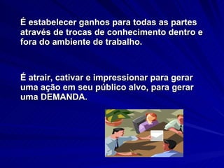 É estabelecer ganhos para todas as partes através de trocas de conhecimento dentro e fora do ambiente de trabalho.  É atrair, cativar e impressionar para gerar uma ação em seu público alvo, para gerar uma DEMANDA. 