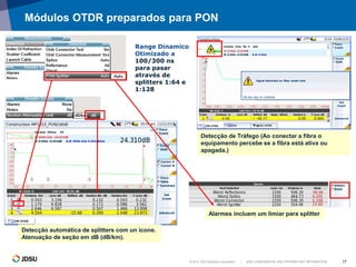 © 2012 JDS Uniphase Corporation | JDSU CONFIDENTIAL AND PROPRIETARY INFORMATION 17
Módulos OTDR preparados para PON
Detecção de Tráfego (Ao conectar a fibra o
equipamento percebe se a fibra está ativa ou
apagada.)
Alarmes incluem um limiar para splitter
Detecção automática de splitters com un ícone.
Atenuação de seção em dB (dB/km).
Range Dinamico
Otimizado a
100/300 ns
para pasar
através de
splitters 1:64 e
1:128
 