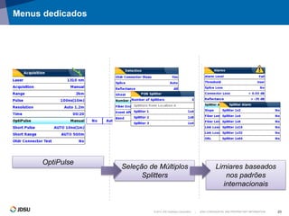 © 2012 JDS Uniphase Corporation | JDSU CONFIDENTIAL AND PROPRIETARY INFORMATION 23
Menus dedicados
OptiPulse
Seleção de Múltiplos
Splitters
Limiares baseados
nos padrões
internacionais
 