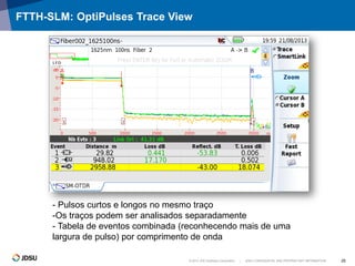 © 2012 JDS Uniphase Corporation | JDSU CONFIDENTIAL AND PROPRIETARY INFORMATION 25
FTTH-SLM: OptiPulses Trace View
- Pulsos curtos e longos no mesmo traço
-Os traços podem ser analisados separadamente
- Tabela de eventos combinada (reconhecendo mais de uma
largura de pulso) por comprimento de onda
 