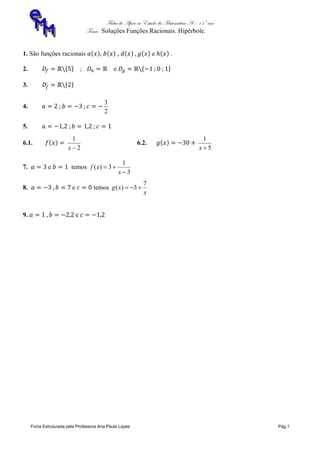 Ficha de Apoio ao Estudo da Matemática A – 11º ano
Tema: Soluções Funções Racionais. Hipérbole.
Ficha Estruturada pela Professora Ana Paula Lopes Pág.1
1. São funções racionais , , e .
2. ; e
3.
4.
2
3
5.
6.1.
2
1
x
6.2.
5
1
x
7. e temos
3
1
3)(


x
xf
8. e temos
x
xg
7
3)( 
9. e
 