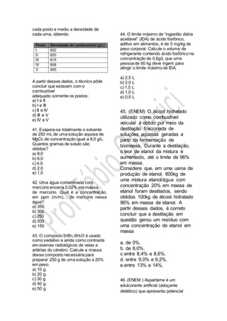 cada posto e mediu a densidade de
cada uma, obtendo:
A partir desses dados, o técnico pôde
concluir que estavam com o
combustível
adequado somente os postos:
a) I e II
b) I e III
c) II e IV
d) III e V
e) IV e V
41. Evapora-se totalmente o solvente
de 250 mL de uma solução aquosa de
MgCl2 de concentração igual a 8,0 g/L.
Quantos gramas de soluto são
obtidos?
a) 8,0
b) 6,0
c) 4,0
d) 2,0
e) 1,0
42. Uma água contaminada com
mercúrio encerra 0,02% em massa
de mercúrio. Qual é a concentração,
em ppm (m/m), de mercúrio nessa
água?
a) 350.
b) 300
c) 250
d) 200
e) 150
43. O composto SrBr2.6H2O é usado
como sedativo e ainda como contraste
em exames radiológicos de veias e
artérias do cérebro. Calcule a massa
desse composto necessária para
preparar 250 g de uma solução a 20%
em peso.
a) 10 g.
b) 20 g.
c) 30 g.
d) 40 g.
e) 50 g.
44. O limite máximo de “ingestão diária
aceitável” (IDA) de ácido fosfórico,
aditivo em alimentos, é de 5 mg/kg de
peso corporal. Calcule o volume de
refrigerante contendo ácido fosfórico na
concentração de 0,6g/L que uma
pessoa de 60 kg deve ingerir para
atingir o limite máximo de IDA.
a) 2,5 L
b) 2,0 L
c) 1,5 L
d) 1,0 L
e) 0,5 L
45. (ENEM) O álcool hidratado
utilizado como combustível
veicular é obtido por meio da
destilação fracionada de
soluções aquosas geradas a
partir da fermentação de
biomassa. Durante a destilação,
o teor de etanol da mistura é
aumentado, até o limite de 96%
em massa.
Considere que, em uma usina de
produção de etanol, 800kg de
uma mistura etanol/água com
concentração 20% em massa de
etanol foram destilados, sendo
obtidos 100kg de álcool hidratado
96% em massa de etanol. A
partir desses dados, é correto
concluir que a destilação em
questão gerou um resíduo com
uma concentração de etanol em
massa
a. de 0%.
b. de 8,0%.
c.entre 8,4% e 8,6%.
d. entre 9,0% e 9,2%.
e.entre 13% e 14%.
46. (ENEM ) Aspartame é um
edulcorante artificial (adoçante
dietético) que apresenta potencial
 