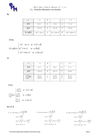 Ficha de Apoio ao Estudo da Matemática A – 11º ano
Tema: Soluções Operações com funções
Ficha Estruturada pela Professora Ana Paula Lopes Pág.5
b)
c)
6.1. C.A
 