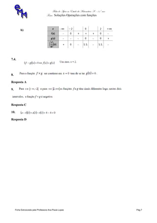Ficha de Apoio ao Estudo da Matemática A – 11º ano
Tema: Soluções Operações com funções
Ficha Estruturada pela Professora Ana Paula Lopes Pág.7
b)
7.4.
8.
Resposta A
9.
Resposta C
10.
Resposta D
 