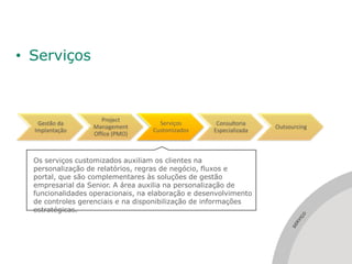 • Serviços



                     Project
   Gestão da                         Serviços        Consultoria
                  Management                                        Outsourcing
  Implantação                      Customizados     Especializada
                  Office (PMO)



  Os serviços customizados auxiliam os clientes na
  personalização de relatórios, regras de negócio, fluxos e
  portal, que são complementares às soluções de gestão
  empresarial da Senior. A área auxilia na personalização de
  funcionalidades operacionais, na elaboração e desenvolvimento
  de controles gerenciais e na disponibilização de informações
  estratégicas.




                                                                            ÇO
                                                                             I
                                                                           RV
                                                                         SE
 