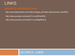 EXEMPLOS DE ONG’S PORTUGUESASBancoalimentar contra a fomeCombate a fomeatravés da recolha de alimentosjunto da população civil. OrganizaçãoNãoGovernamental do AmbienteVisa contribuirpara a EducaçãoAmbiental.FUNDO MUNDIAL PARA A VIDA SELVAGEM E NATUREZA MÉDICA INTERNACIONALConservação da Natureza, em especial a protecção de animais.