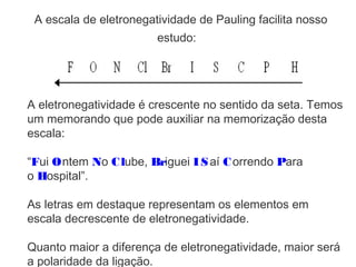 A escala de eletronegatividade de Pauling facilita nosso
estudo: 
A eletronegatividade é crescente no sentido da seta. Temos
um memorando que pode auxiliar na memorização desta
escala: 
“Fui Ontem No Clube, Briguei I Saí Correndo Para
o Hospital”. 
As letras em destaque representam os elementos em
escala decrescente de eletronegatividade. 
Quanto maior a diferença de eletronegatividade, maior será
a polaridade da ligação. 
 