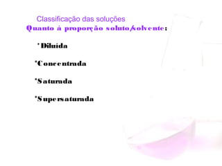 Classificação das soluções
Quanto à proporção soluto/solvente:
*Diluída
*Concentrada
*Saturada
*Supersaturada
 