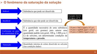 10
➢ O fenômeno da saturação da solução
Solúvel
Insolúvel
Coeficiente ou grau
de solubilidade (CS)
Saturação
Substância que pode ser dissolvida
Substância que não pode ser dissolvida
É a quantidade necessária de uma substância
(em geral, em gramas) para saturar uma
quantidade padrão (em geral, 100 g, 1.000 g ou 1
L) de solvente, em determinadas condições de
temperatura e pressão.
Quantidade máxima de soluto dissolvido no solvente
(nas condições dadas)
CS para o NaCl é igual a 357 g/L;
CS para o AgNO3, igual 1.220 g/L;
CS para o CaSO4, é igual a 2 g/L.
Exemplo: Os CS
em água, a 0 C:
 