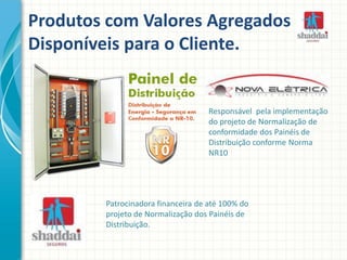 Produtos com Valores Agregados
Disponíveis para o Cliente.
Responsável pela implementação
do projeto de Normalização de
conformidade dos Painéis de
Distribuição conforme Norma
NR10
Patrocinadora financeira de até 100% do
projeto de Normalização dos Painéis de
Distribuição.
 