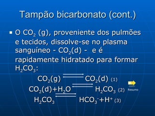 Tampão bicarbonato (cont.) O CO 2  (g), proveniente dos pulmões e tecidos, dissolve-se no plasma sanguíneo - CO 2 (d) -  e é rapidamente hidratado para formar H 2 CO 3 : CO 2 (g)  CO 2 (d)  (1) CO 2 (d)+H 2 O  H 2 CO 3   (2)  H 2 CO 3   HCO 3 - +H +  (3) Resumo 